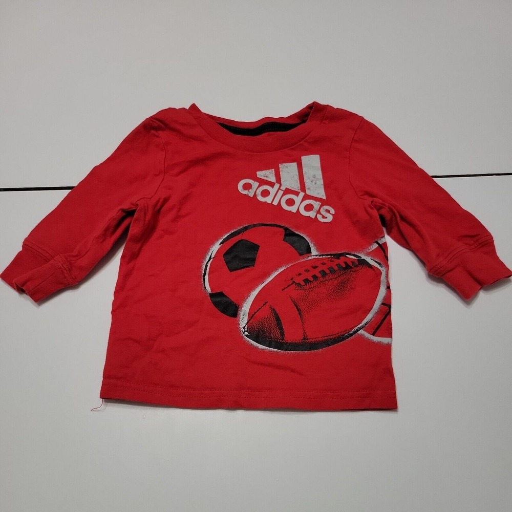 Adidas Shirt Baby Boys 0-3 Month Red Spell Out Crew Neck Long Sleeve Soccer Foot